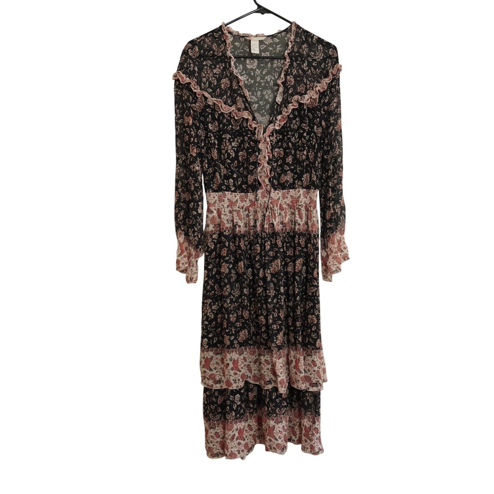 H&M Black Floral Ruffle V-Neck Tiered Midi Dress Boho Cottagecore Fall